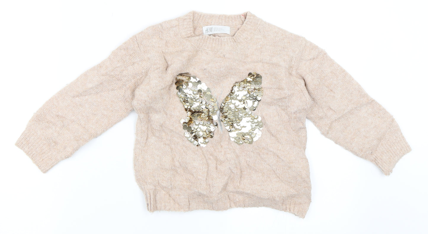 H&M Girls Beige   Pullover Jumper Size 3-4 Years  - butterfly