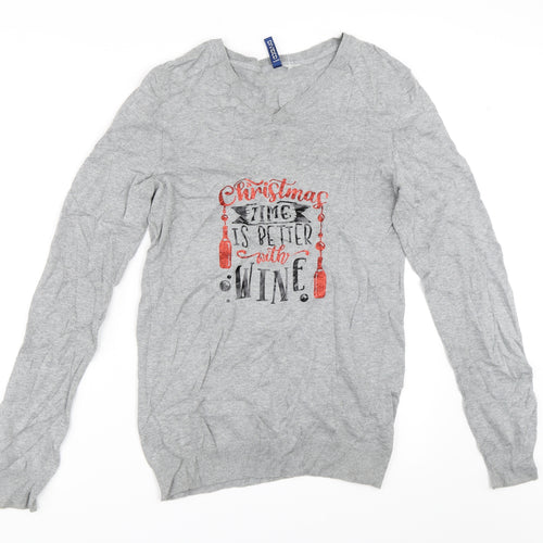 H&M Womens Grey   Pullover Jumper Size S  - christmas wine