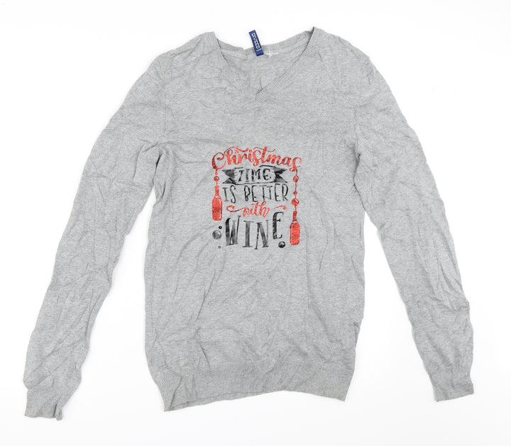 H&M Womens Grey Pullover Jumper Size S - christmas wine