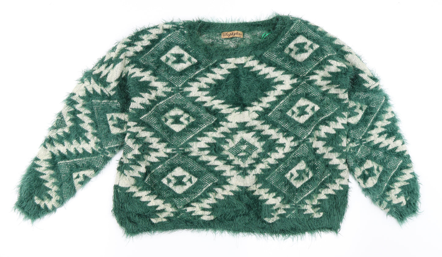 Sophyline Womens Green Geometric  Pullover Jumper Size M