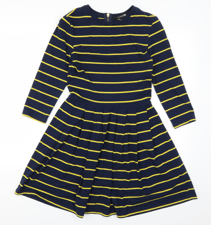 FOREVER 21 Womens Blue Striped Skater Dress Size S - Yellow Stripes