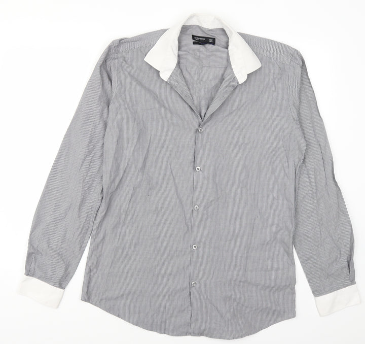 Cedarwood State Mens Grey Striped   Button-Up Size 15.5
