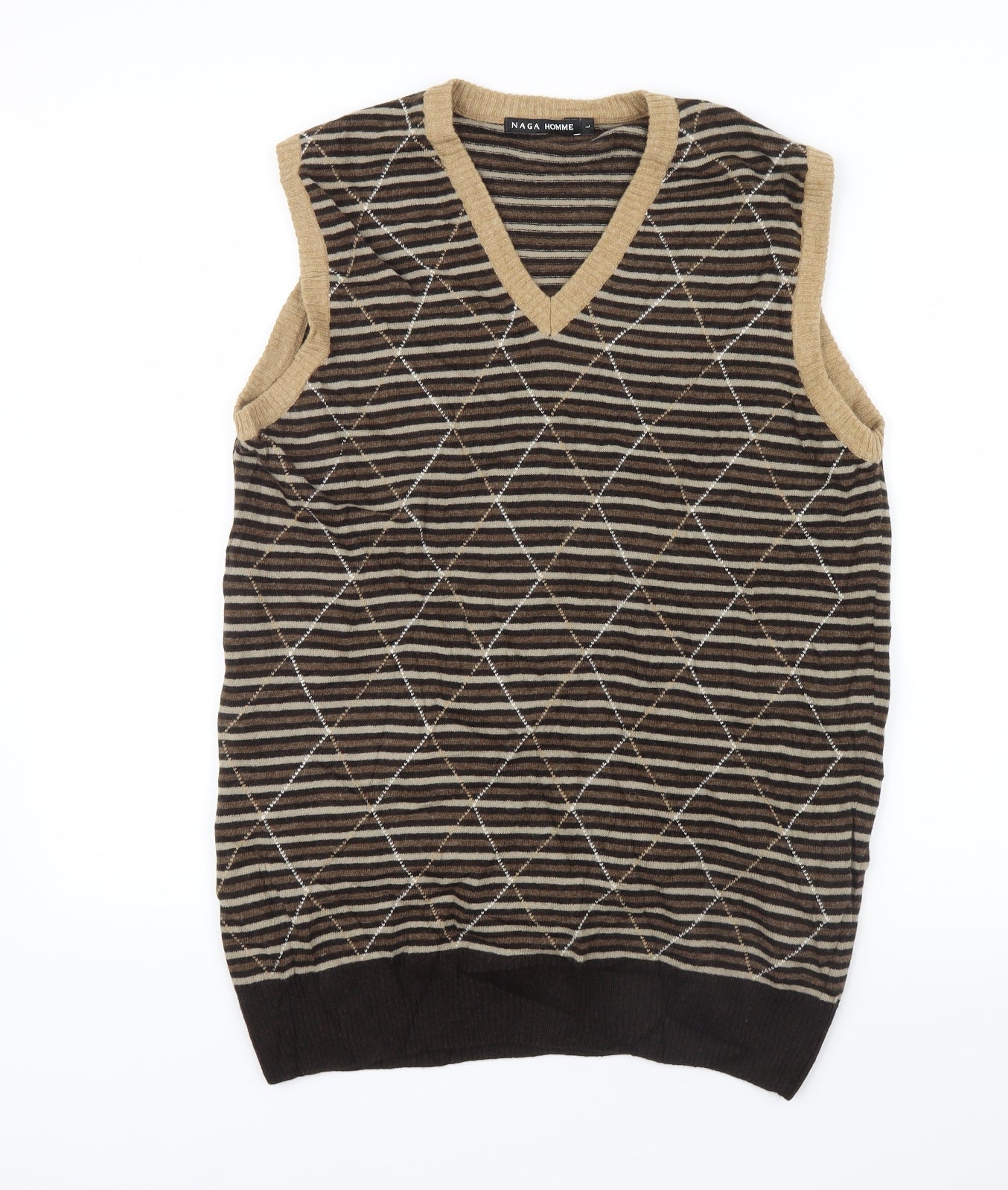 NAGA HOMME  Mens Brown Geometric Knit Pullover Jumper Size L