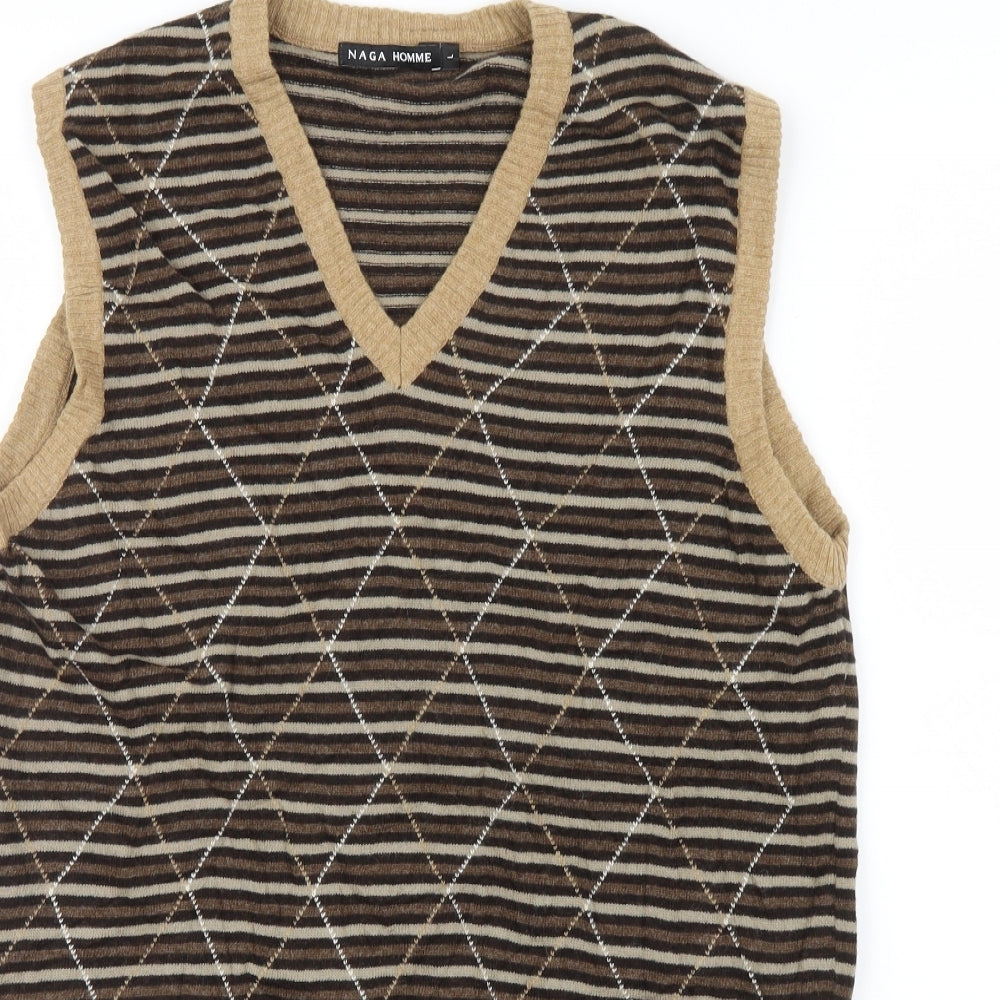 NAGA HOMME  Mens Brown Geometric Knit Pullover Jumper Size L