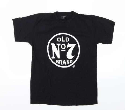 Front view of Jack Daniels men’s black jersey t-shirt, size M