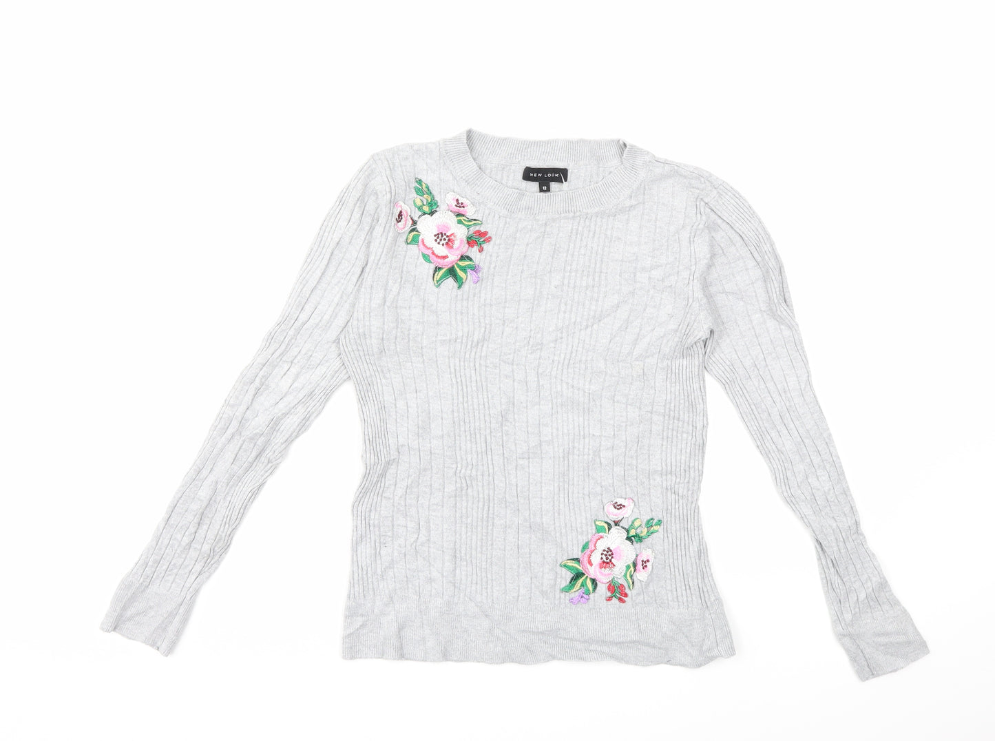 New Look Womens Grey Floral Knit Pullover Jumper Size 12