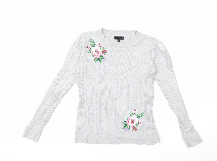 New Look Womens Grey Floral Knit Pullover Jumper Size 12