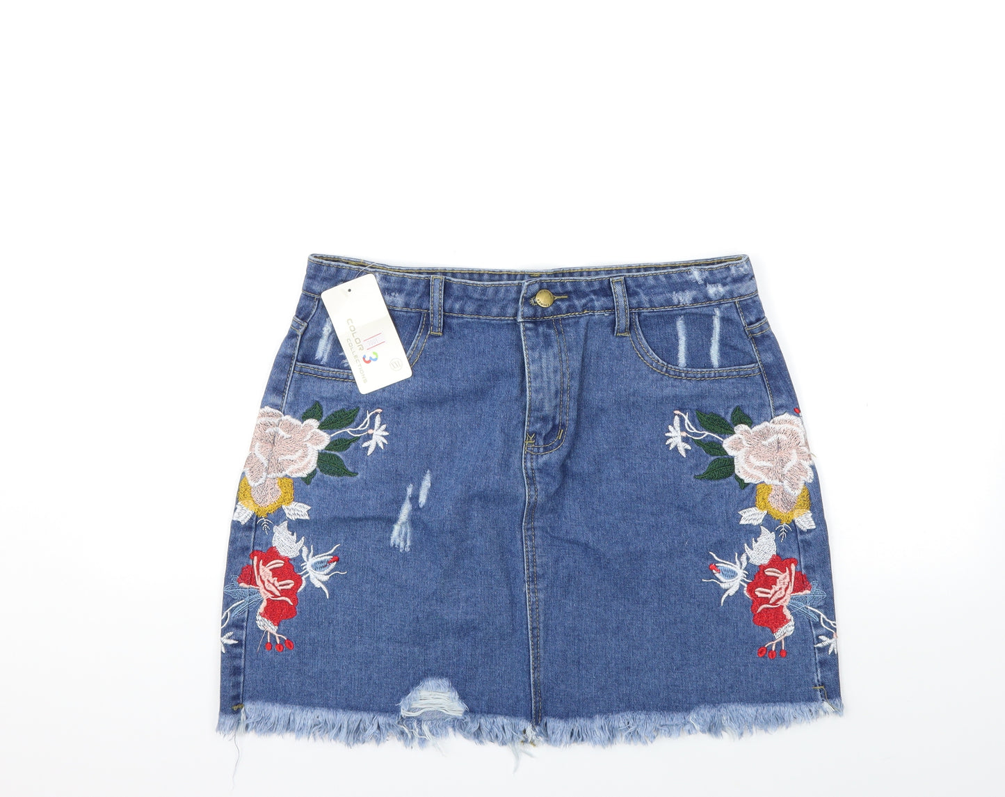 Colour Collections Womens Blue Floral Denim Mini Skirt Size 2XL