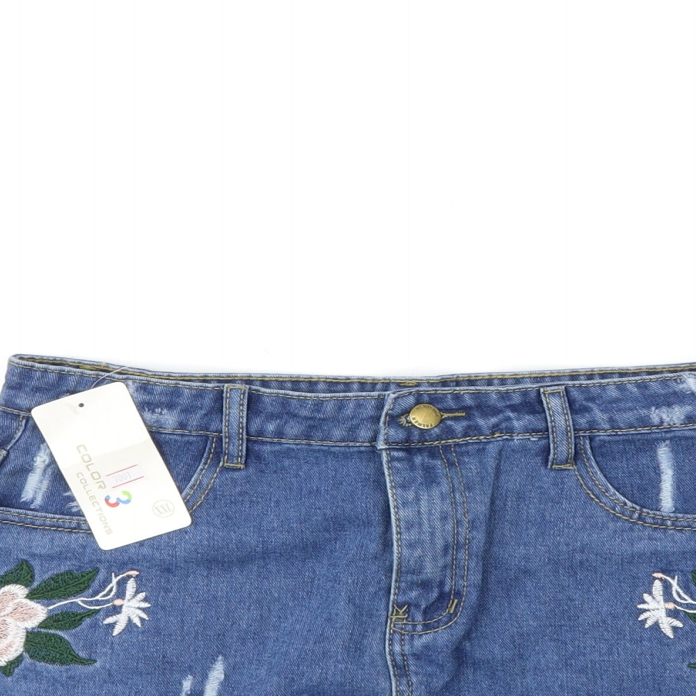 Colour Collections Womens Blue Floral Denim Mini Skirt Size 2XL