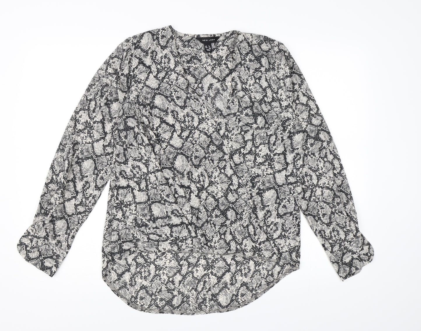 New Look Womens Grey Animal Print Chiffon Wrap Blouse Size 6