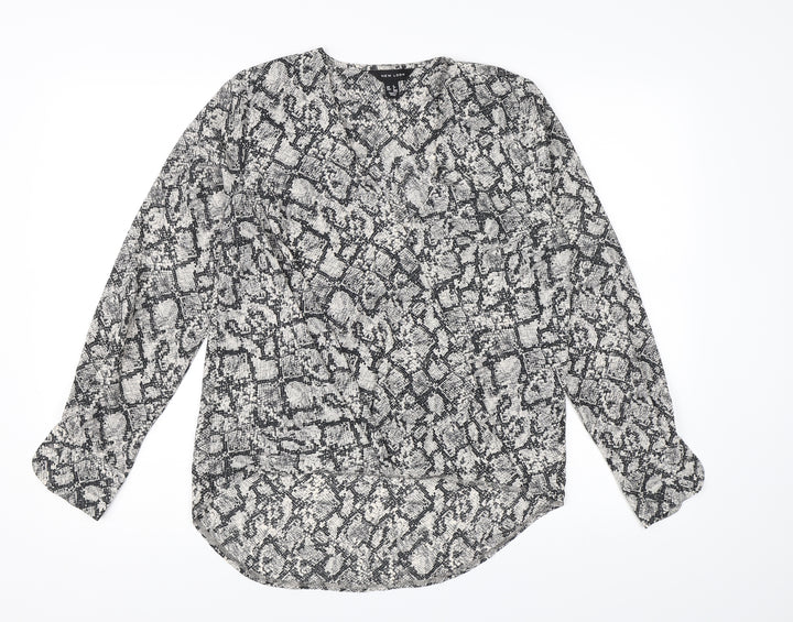 New Look Womens Grey Animal Print Chiffon Wrap Blouse Size 6