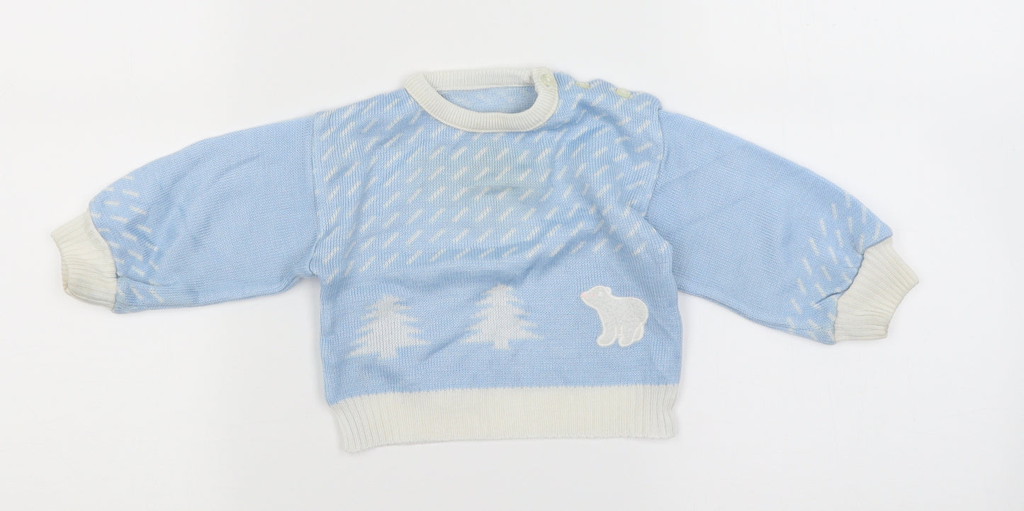 St Michael Baby Blue Polka Dot Knit Pullover Jumper Size 6-9 Months  - Polar bear