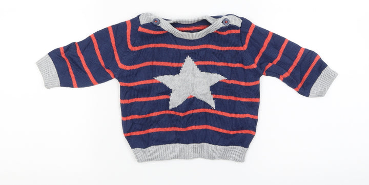 Marks and Spencer Blue Striped Knit Henley Jumper Size 3-6 Months - Star