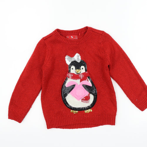 TU Girls Red   Pullover Jumper Size 4 Years  - penguin