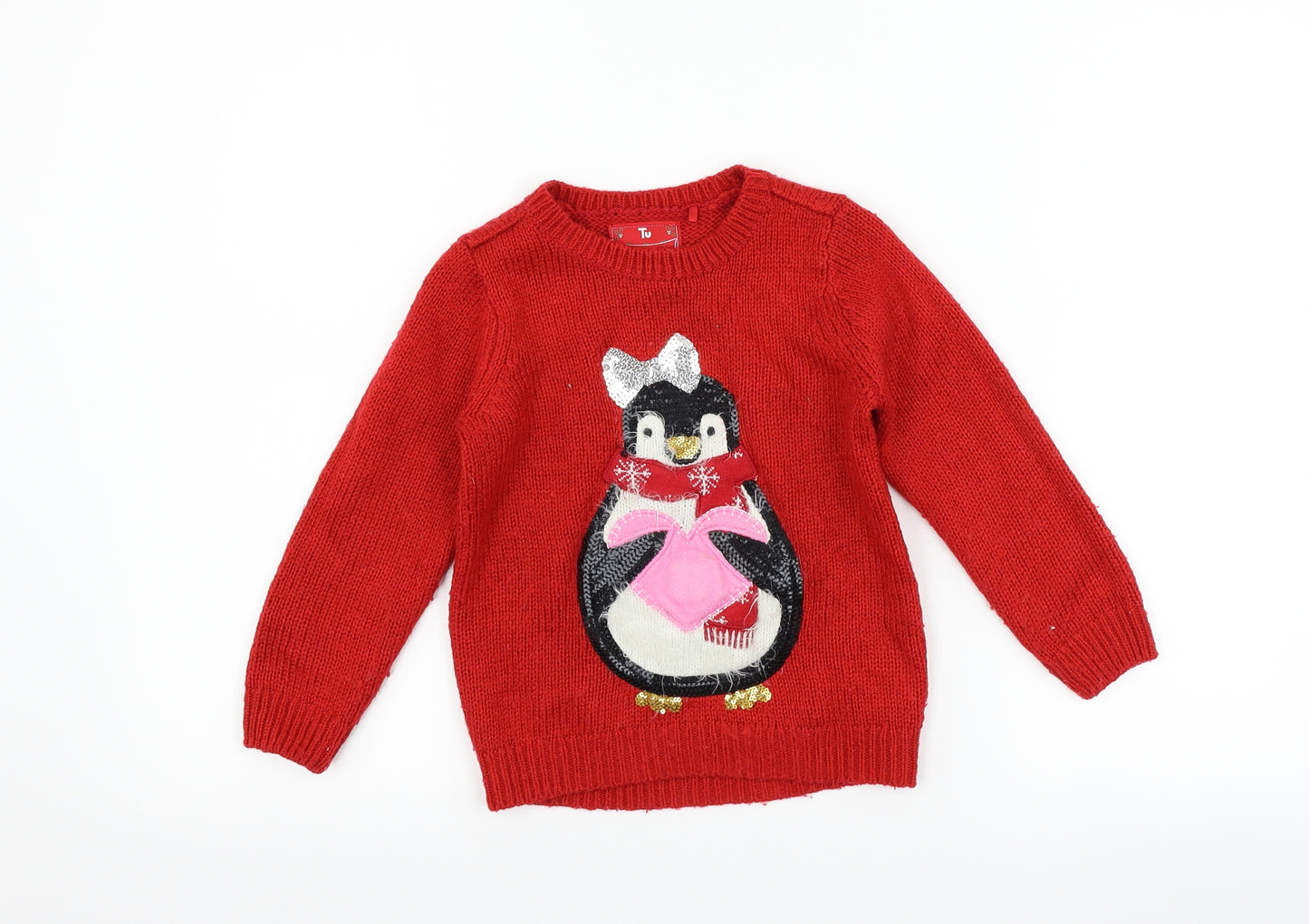 TU Girls Red   Pullover Jumper Size 4 Years  - penguin