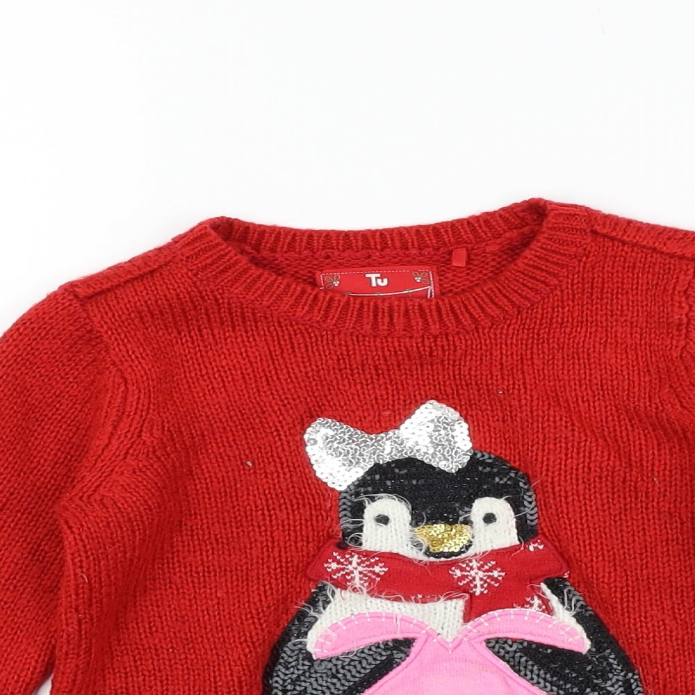 TU Girls Red   Pullover Jumper Size 4 Years  - penguin