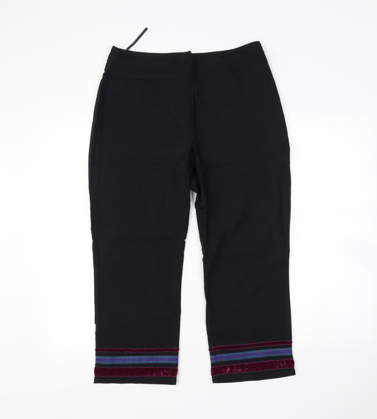 Front view of Preworn women’s black cropped trousers, size UK 12, 23-inch leg