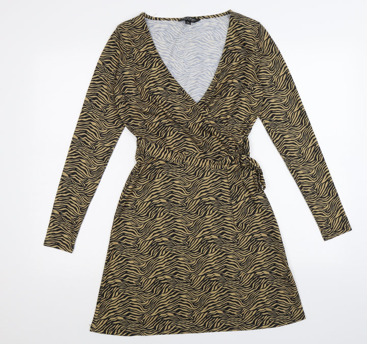 Miss Selfridge Womens Brown Animal Print Wrap Dress Size 6 - zebra print