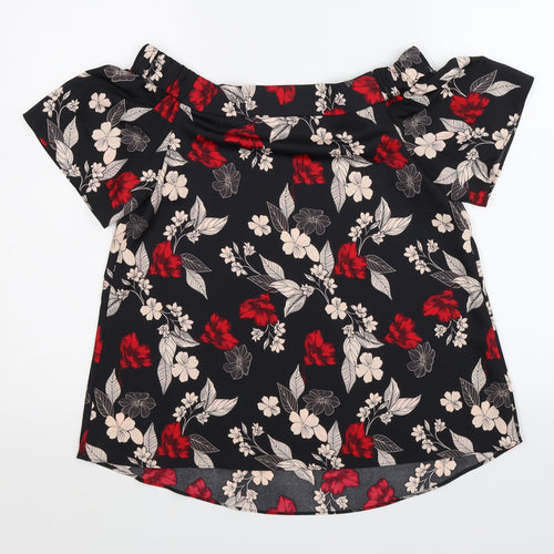 George Womens Black Floral Satin Basic Blouse Size 8