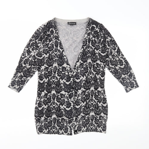 Warehouse Womens Grey Floral Knit Cardigan Jumper Size 10