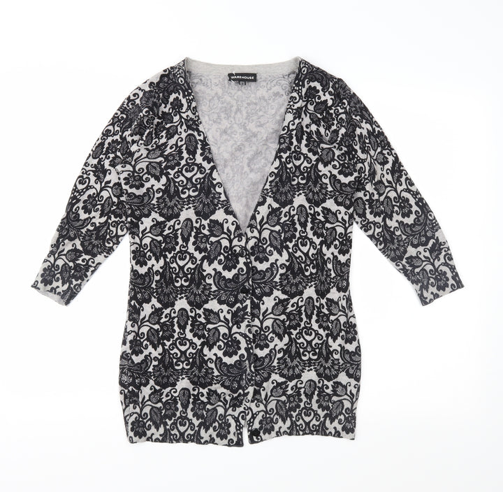 Warehouse Womens Grey Floral Knit Cardigan Jumper Size 10
