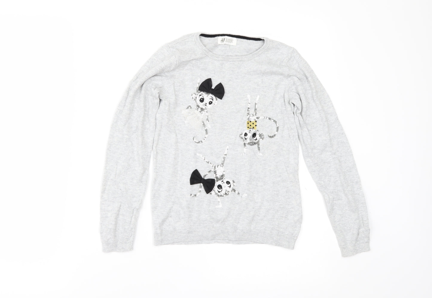 H&M Girls Grey   Pullover Jumper Size 7-8 Years  - sequin monkeys