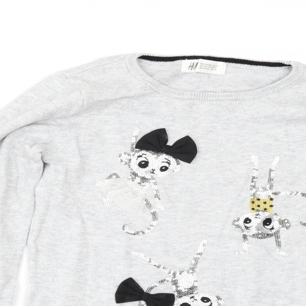 H&M Girls Grey   Pullover Jumper Size 7-8 Years  - sequin monkeys