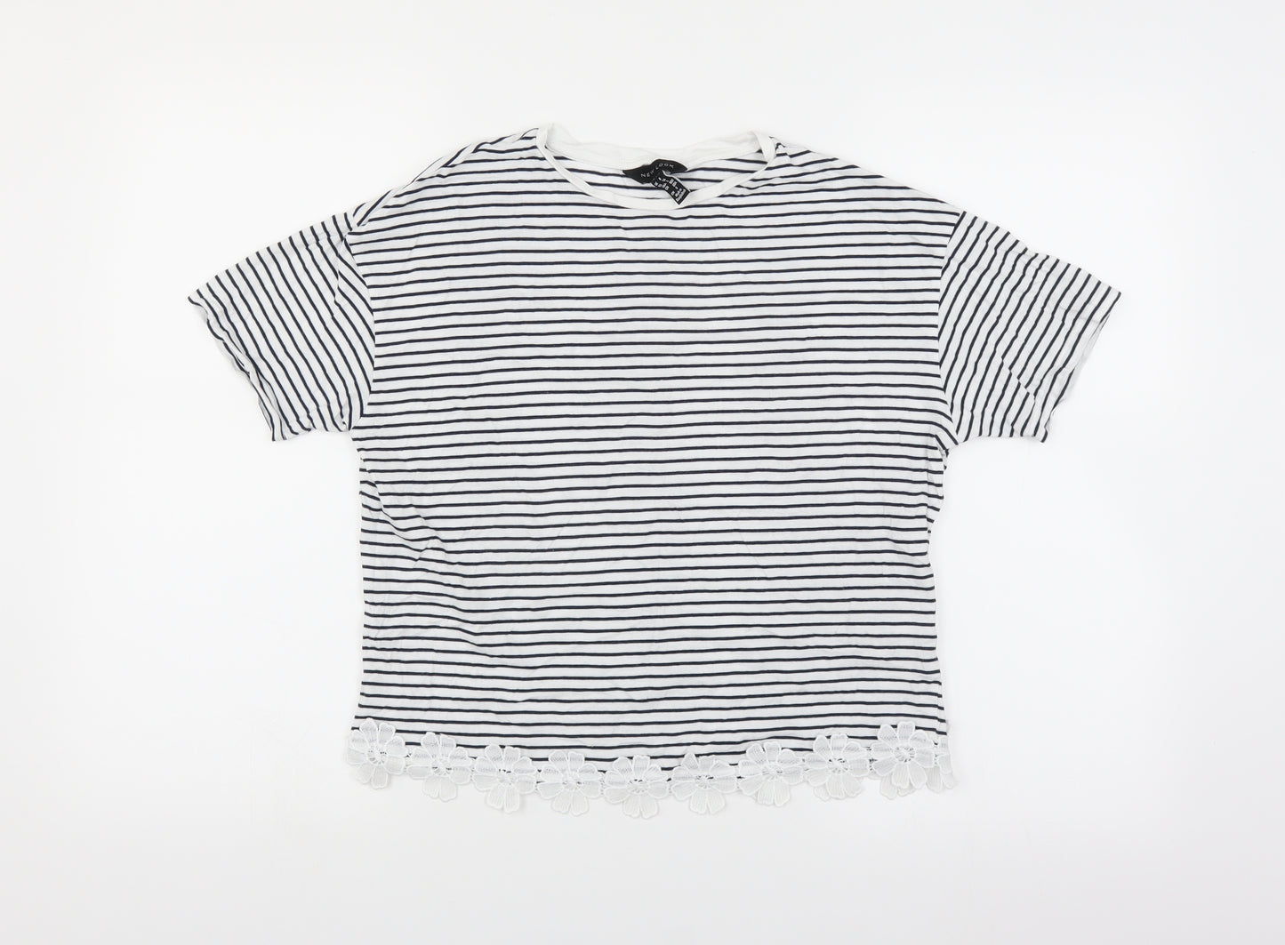 New Look Womens White Striped  Basic T-Shirt Size 6  - floral hem