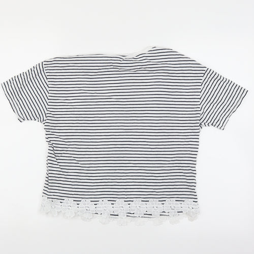 New Look Womens White Striped  Basic T-Shirt Size 6  - floral hem