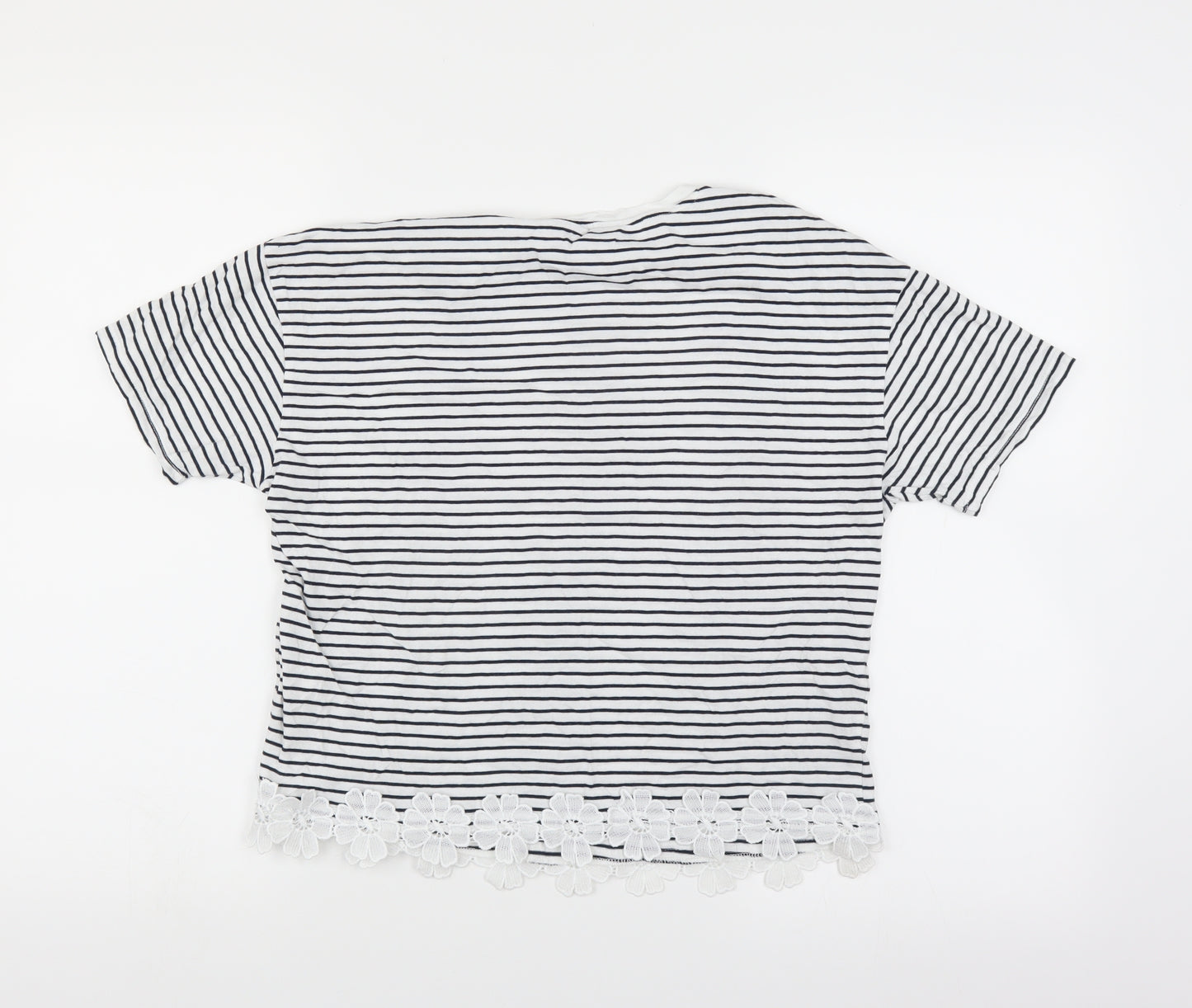 New Look Womens White Striped  Basic T-Shirt Size 6  - floral hem