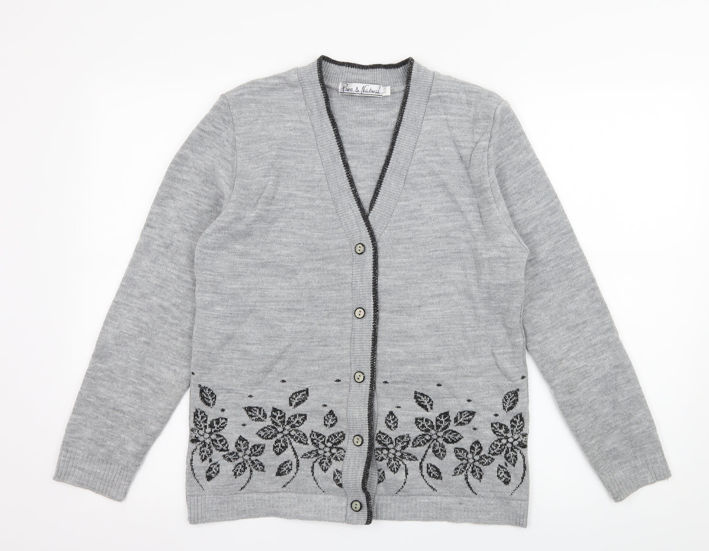 Pure & Natural Womens Grey Floral Knit Cardigan Jumper Size S