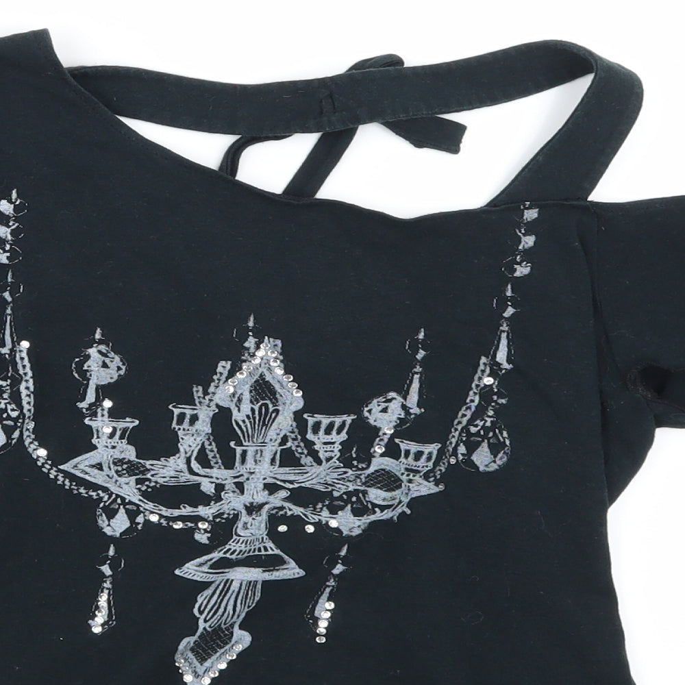 Poetic Justice Womens Black Floral Jersey Basic T-Shirt Size S