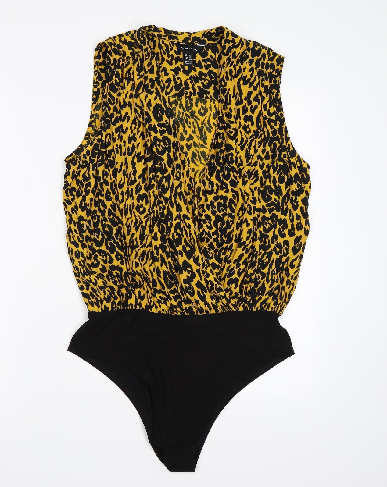 New Look Womens Yellow Animal Print Chiffon Bodysuit One-Piece Size 14