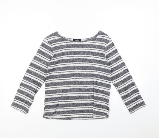 Front view of Papaya women’s black striped jumper, size UK 12