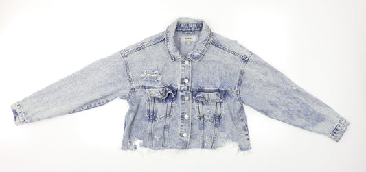 Front view of New Look women’s blue denim jacket, size UK 8, - distressed