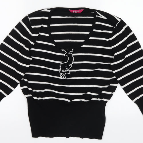 Petite Womens Black Striped  Basic T-Shirt Size 14