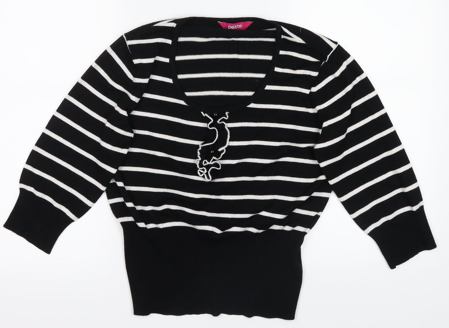 Petite Womens Black Striped  Basic T-Shirt Size 14
