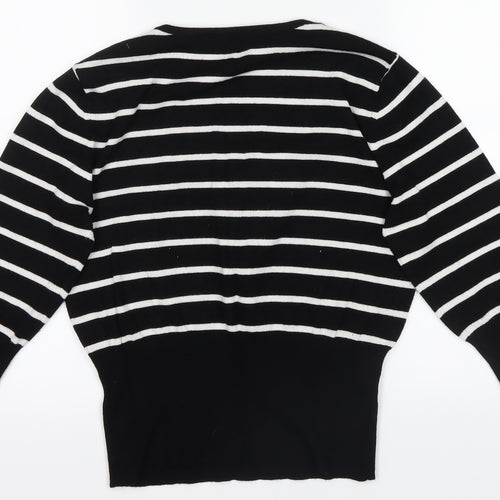 Petite Womens Black Striped  Basic T-Shirt Size 14