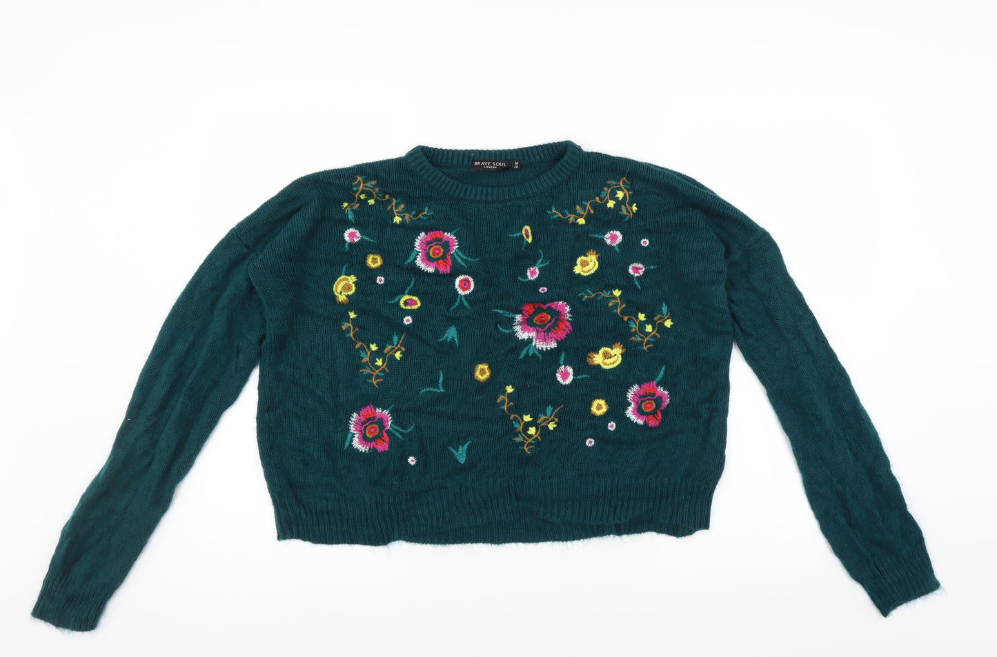 Brave Soul Womens Green   Pullover Jumper Size M  - Floral embroidery