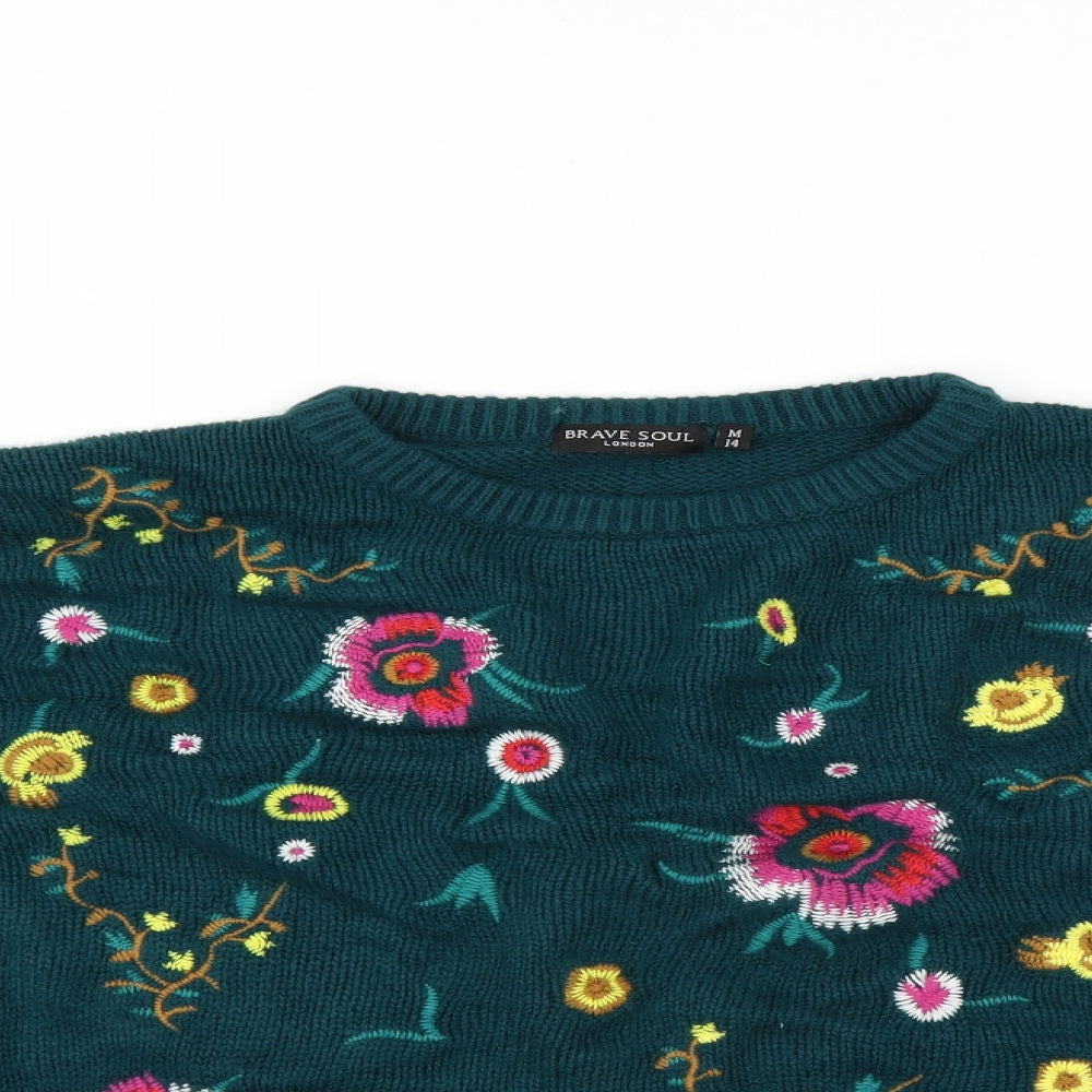 Brave Soul Womens Green   Pullover Jumper Size M  - Floral embroidery