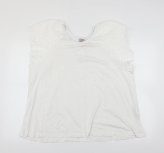 Front view of H&M women’s white basic t-shirt, size XL, - crochet sleeve detail