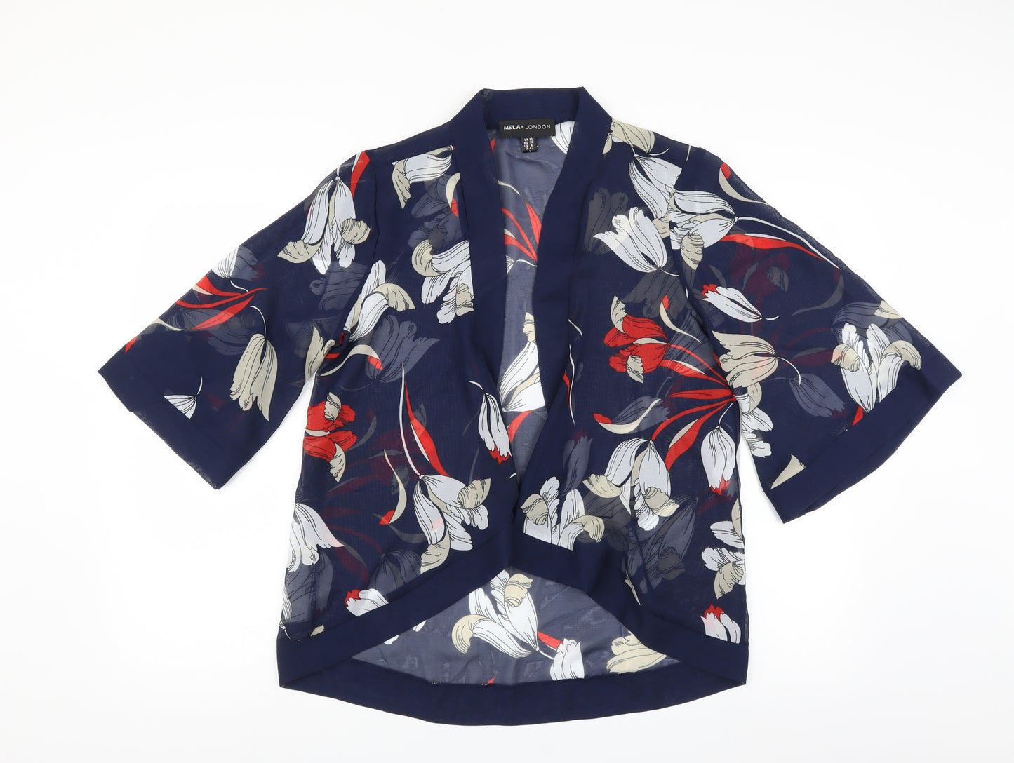 Mela London Womens Blue Floral  Cardigan Jumper Size 10  - sheer cover up
