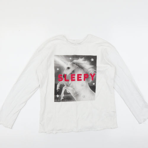 George Girls White   Basic T-Shirt Size 8-9 Years  - unicorn sleepy