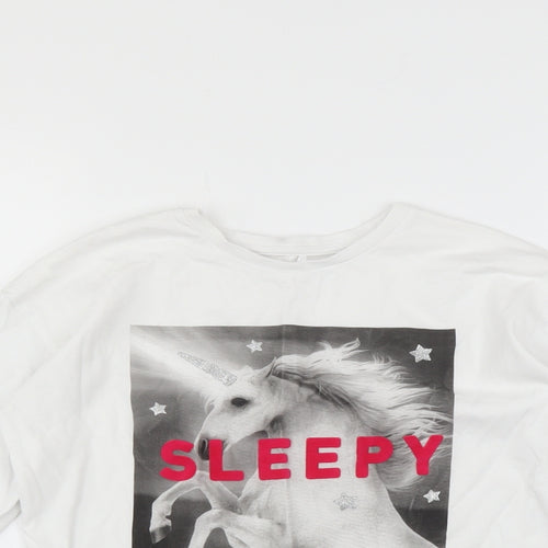 George Girls White   Basic T-Shirt Size 8-9 Years  - unicorn sleepy