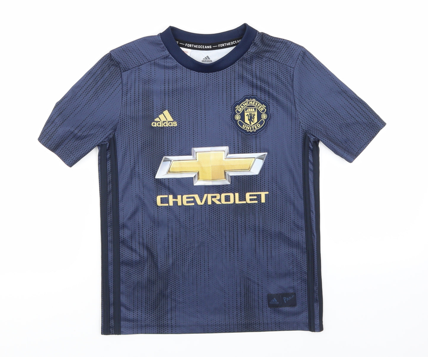 adidas Boys Blue Striped  Basic T-Shirt Size 9-10 Years  - Manchester United Football club