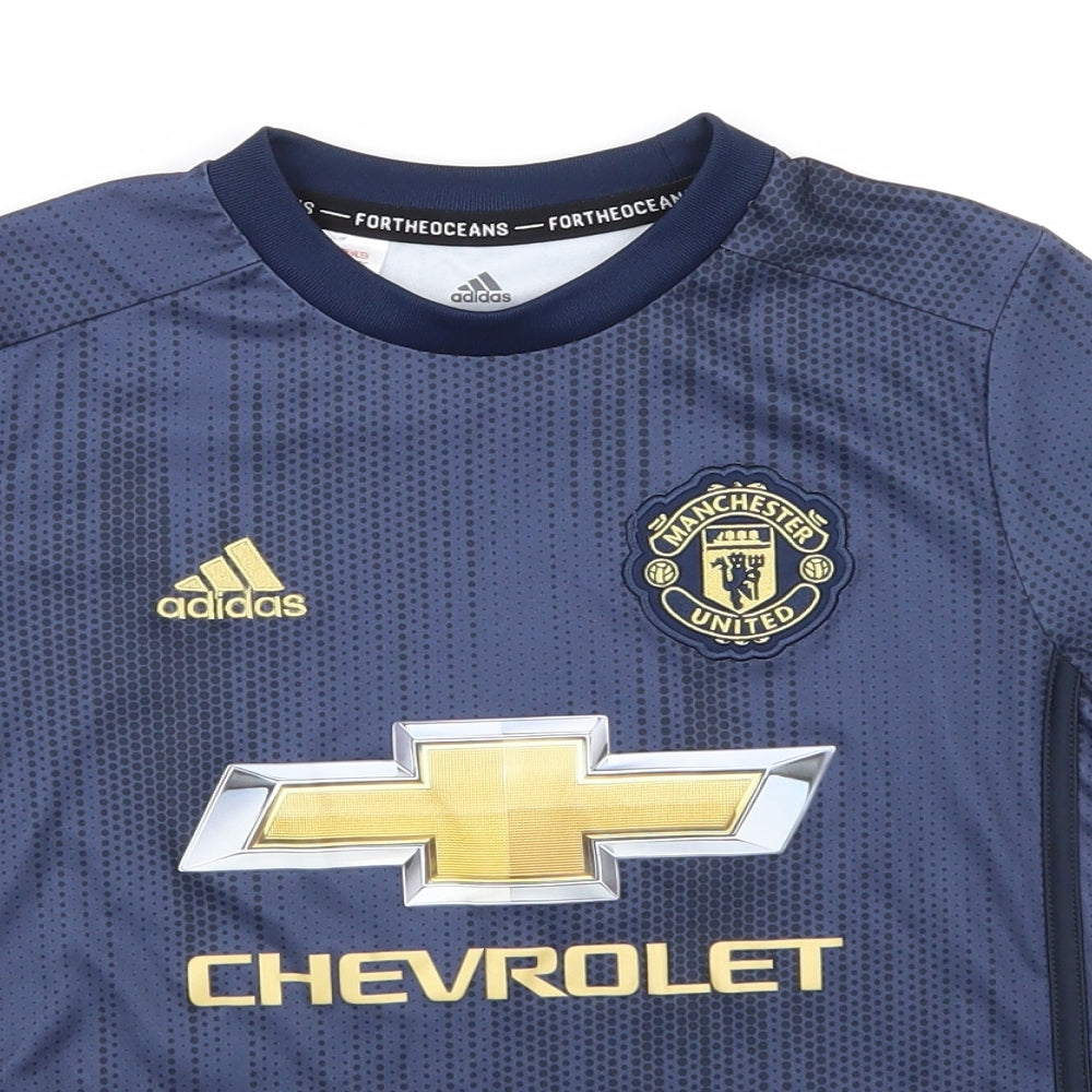 adidas Boys Blue Striped  Basic T-Shirt Size 9-10 Years  - Manchester United Football club
