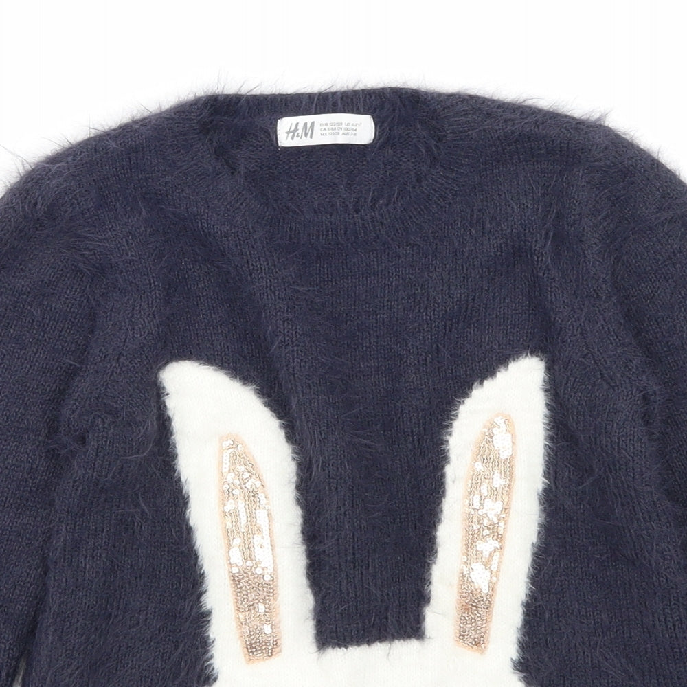 H&M Girls Blue  Knit Pullover Jumper Size 6-7 Years  - Bunny