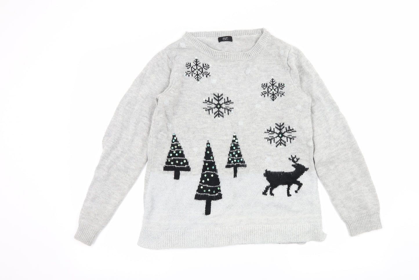 F&F Womens Grey  Knit Pullover Jumper Size 10  - Christmas Reindeer