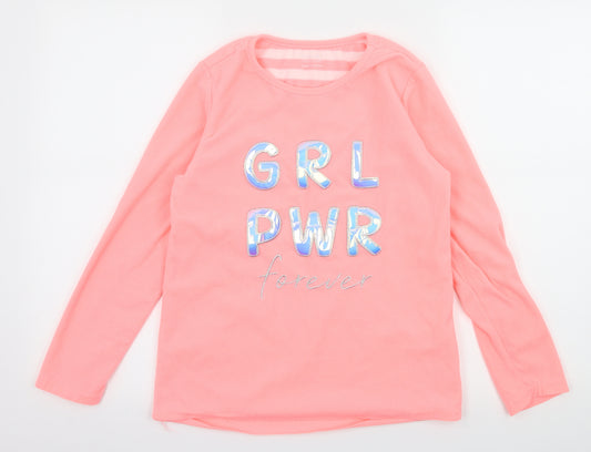 Front view of Primark girls’ pink geometric fleece top pyjama top, size 11-12, years - girl power