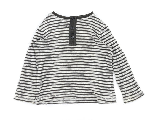 Front view of TU boys’ black striped basic t-shirt, size 12-18, months
